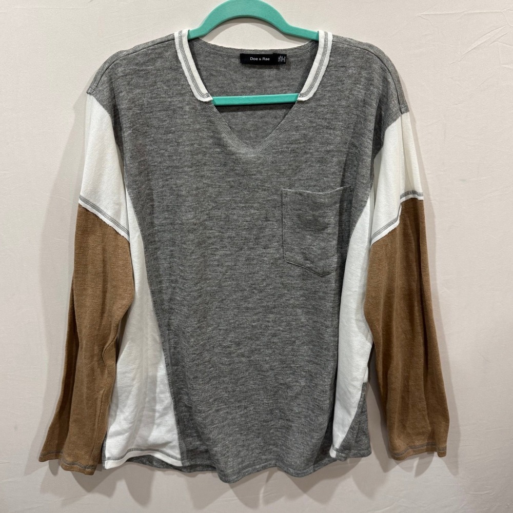 Doe & Rae Womens 1XL Colorblock V-Neck Long Sleeve Pocket Knit Top Grey 41925TPL